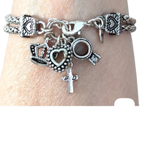 Premier Designs Braided Silver Charm Bracelet Crown Ring Cross Faith Jewelry - Picture 3 of 8